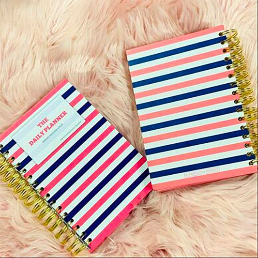 Two striped planners on a pink fluffy surface